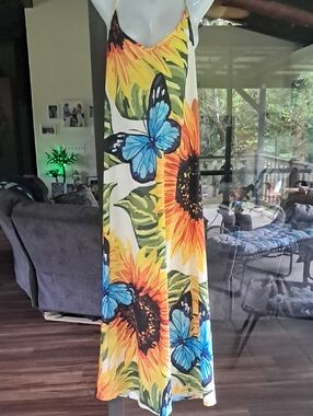 Sunflower & Blue Butterfly Maxi Dress